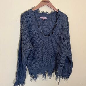 Love Tree Distressed V-Neck Sweater in Gray
